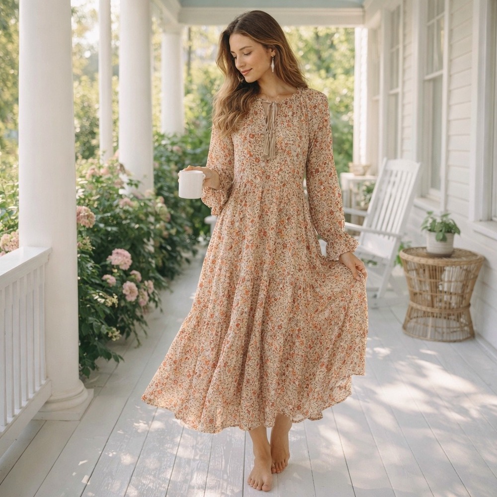 Floral Cottage Tiered Midi Dress Womens Size S Orange Boho Festival Indie GiGio - Picture 9 of 9